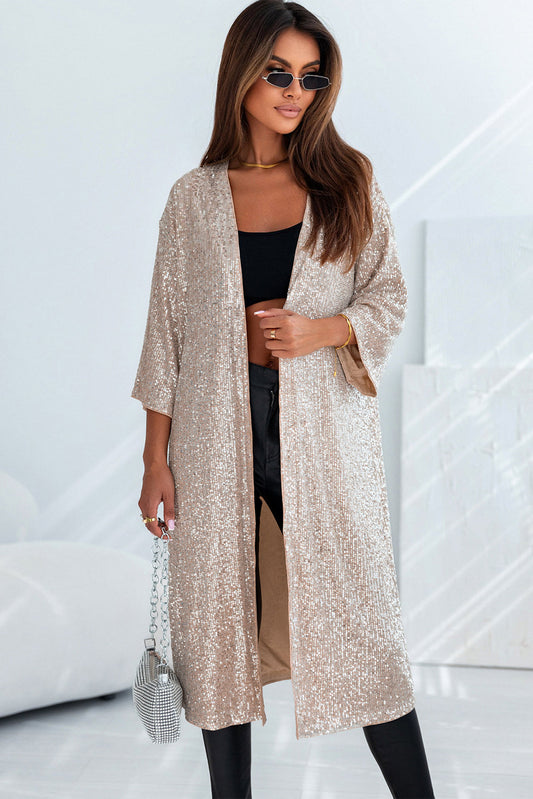 Sequin 3/4 Sleeve Duster Kimono