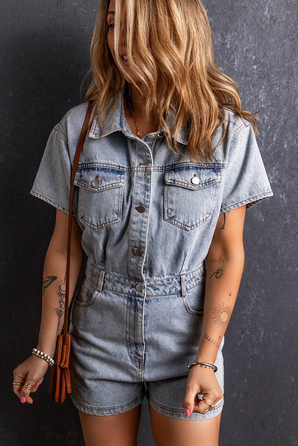 Washed Buttons Denim Romper