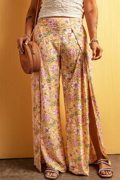 Floral Print High Slit Wide Leg Pants