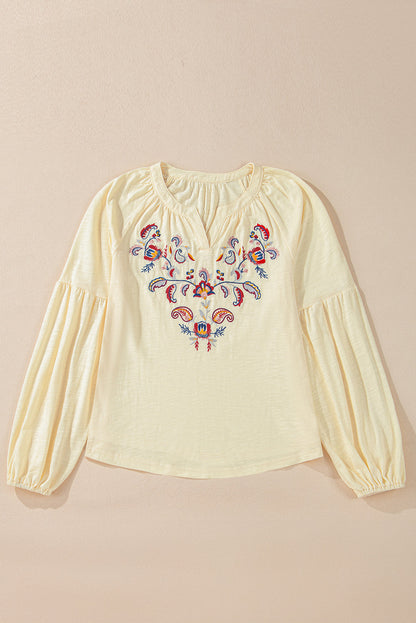 Paisley Embroidered Notch Blouse