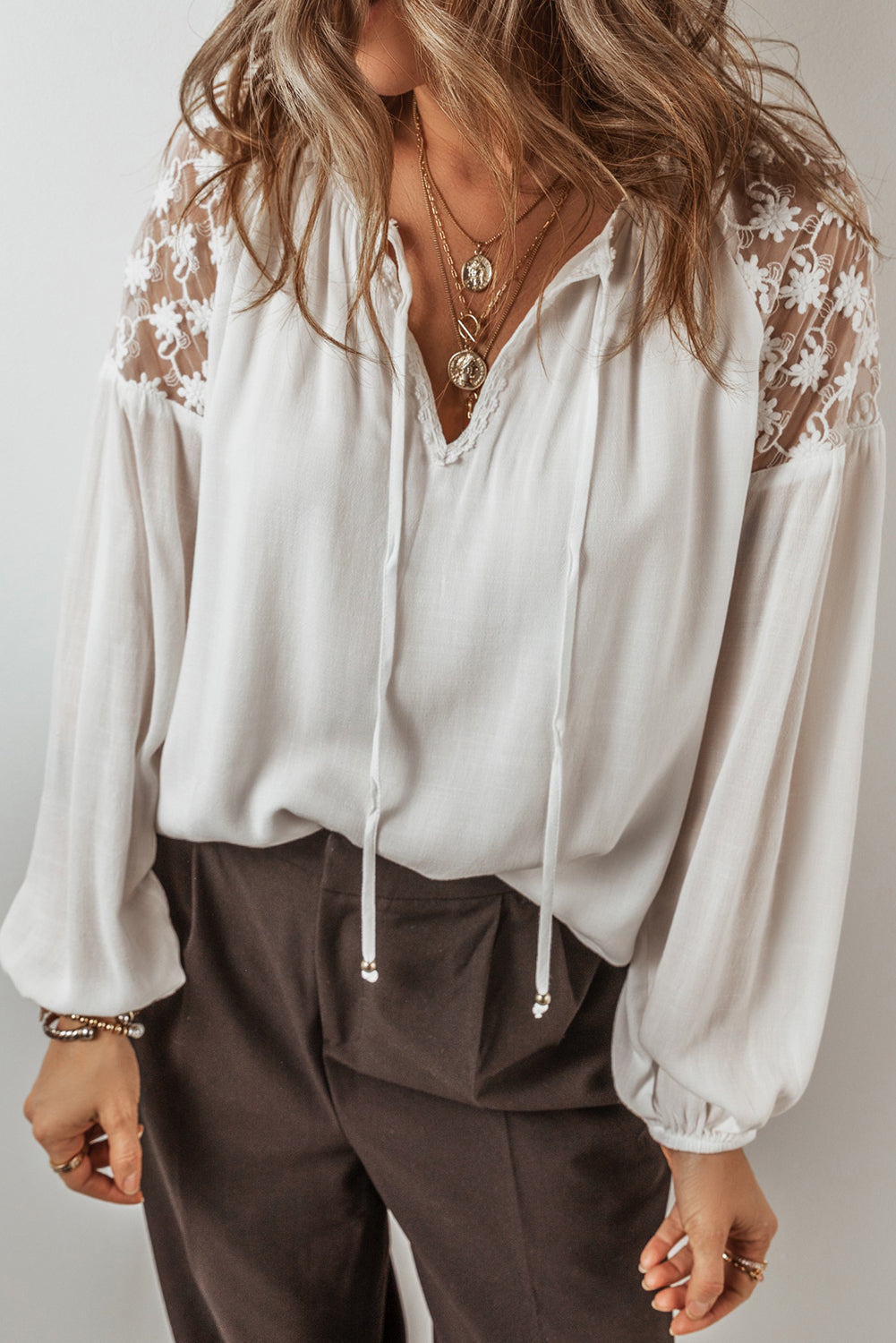 Floral Lace Puff Sleeve Tied Blouse