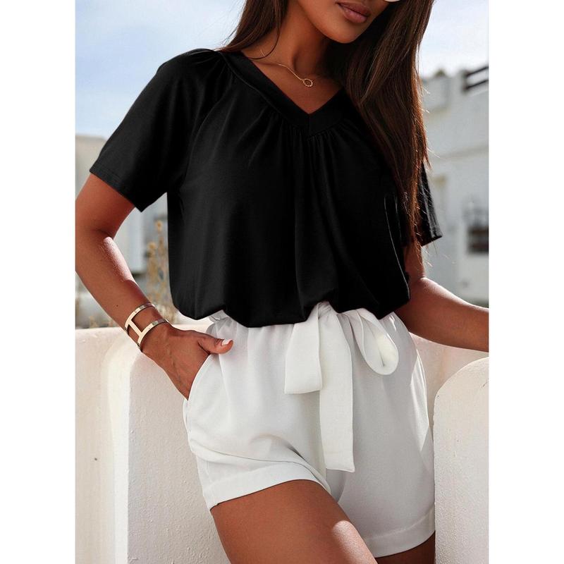 Women's Casual Summer Short Sleeve V Neck Tops T-shirts