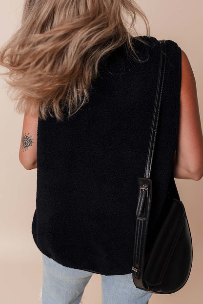 Leather Contrast Side Pockets Buttoned Fleece Vest