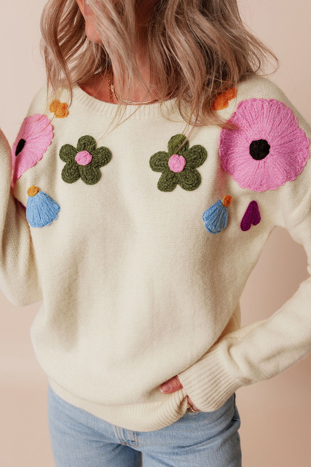 Knitted Flower Ribbed Edge Sweater