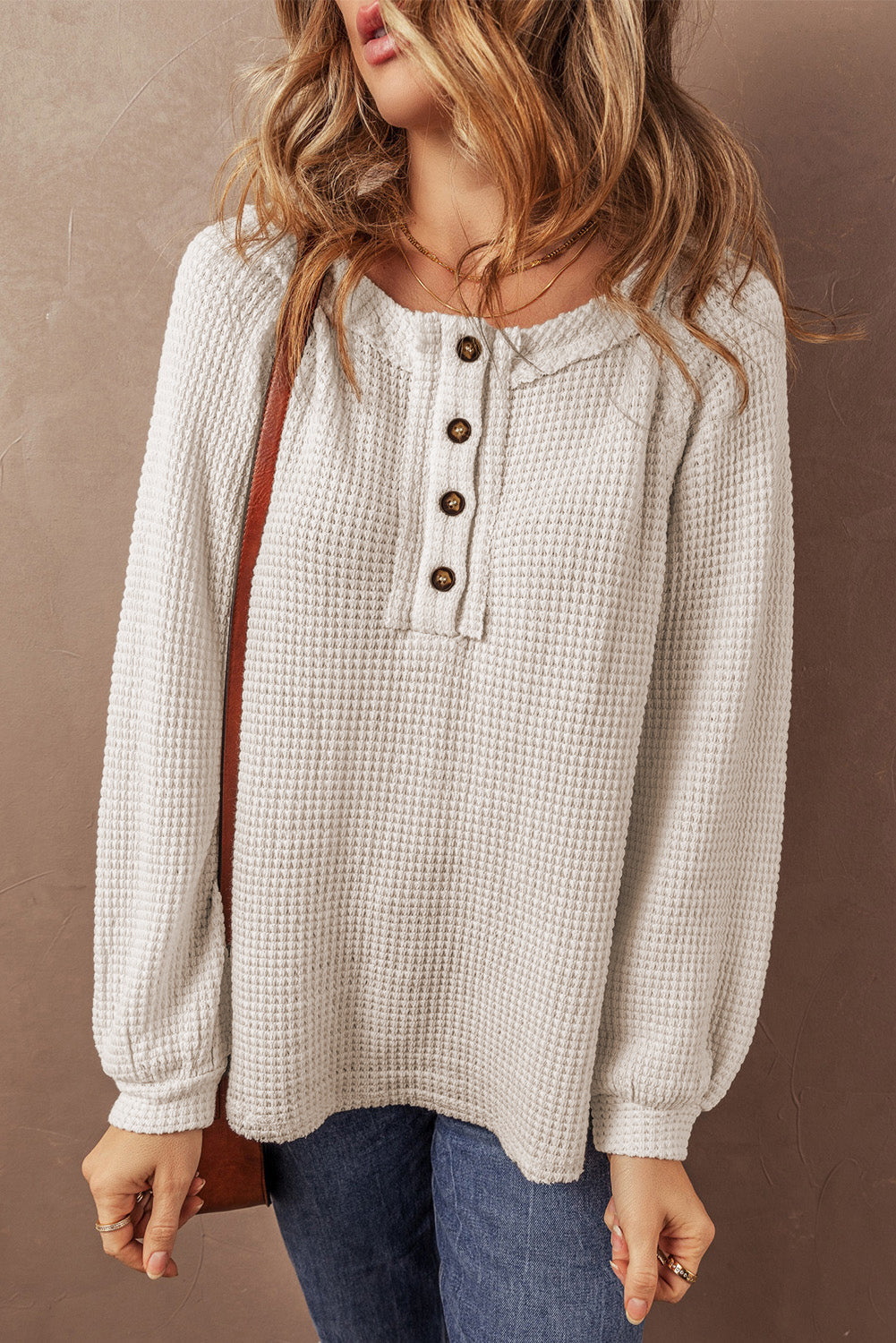 Waffle Knit Front Loose Blouse