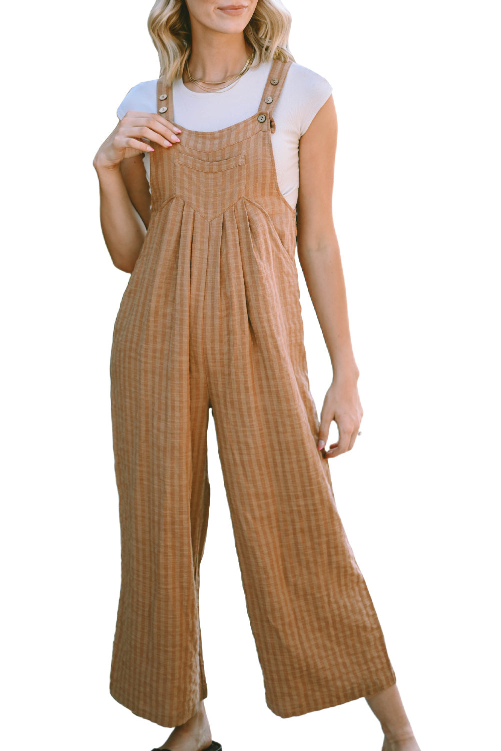 Striped Pleated Wide Leg Pocketed Jumpsuit