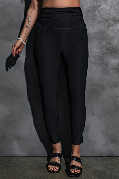 High Waist Black Pleated Pocket Leggings