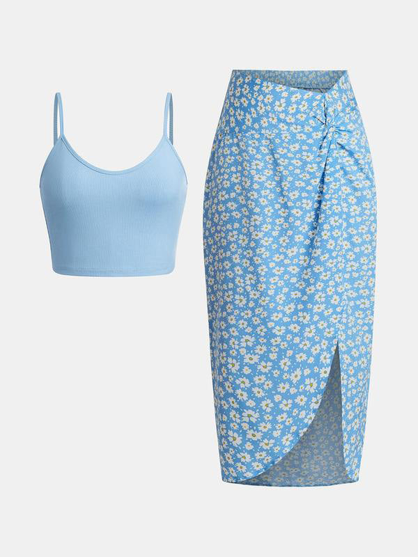 Women's Crop Cami Top &amp; Ditsy Floral Print Asymmetrical Twist Skirt Set
