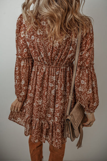 Boho Floral Ruffled Puff Sleeve Mini Dress