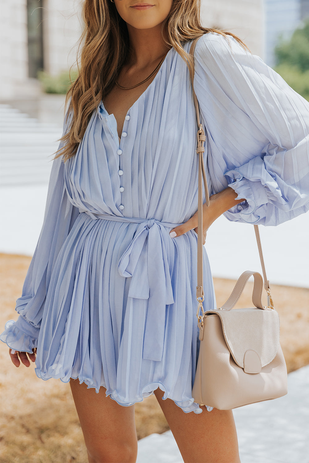 Pleated Ruffled Tie Waist Buttons Romper