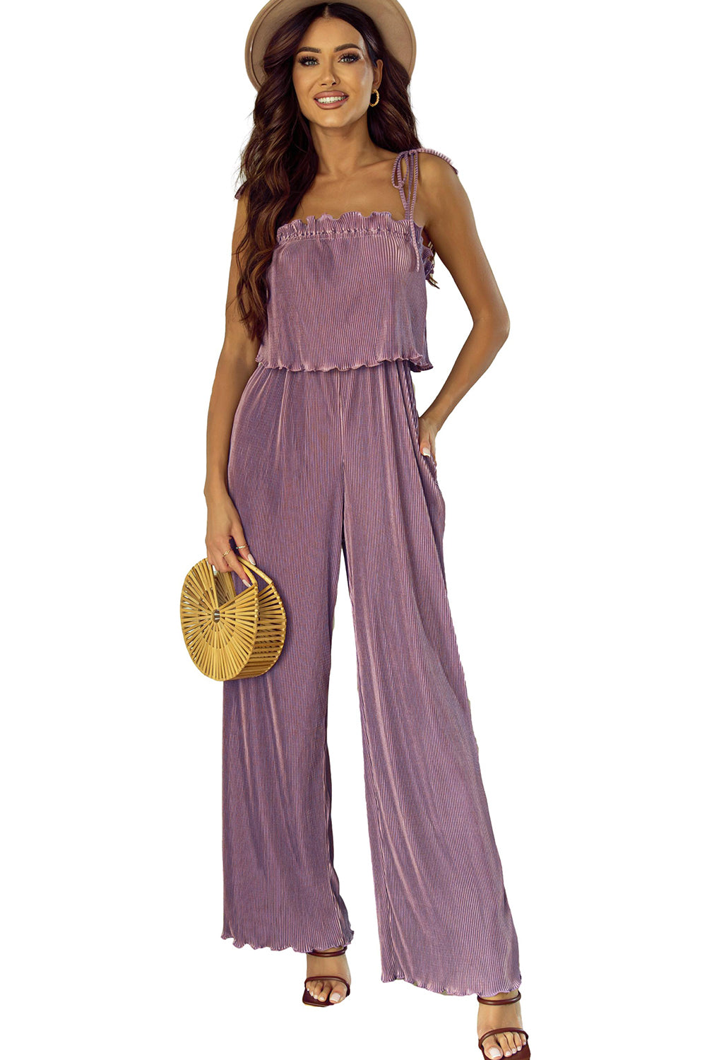 Tied Straps Pleated Wide Leg Jumpsuit