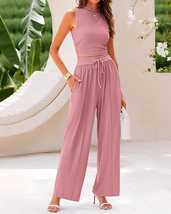 Ribbed Knit Crop Tank & Wide Leg Pants 2 Piece Sets
