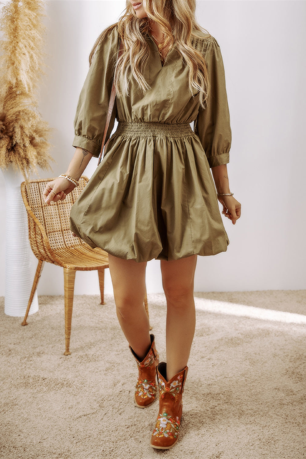 Smocked High Waist Mini Dress