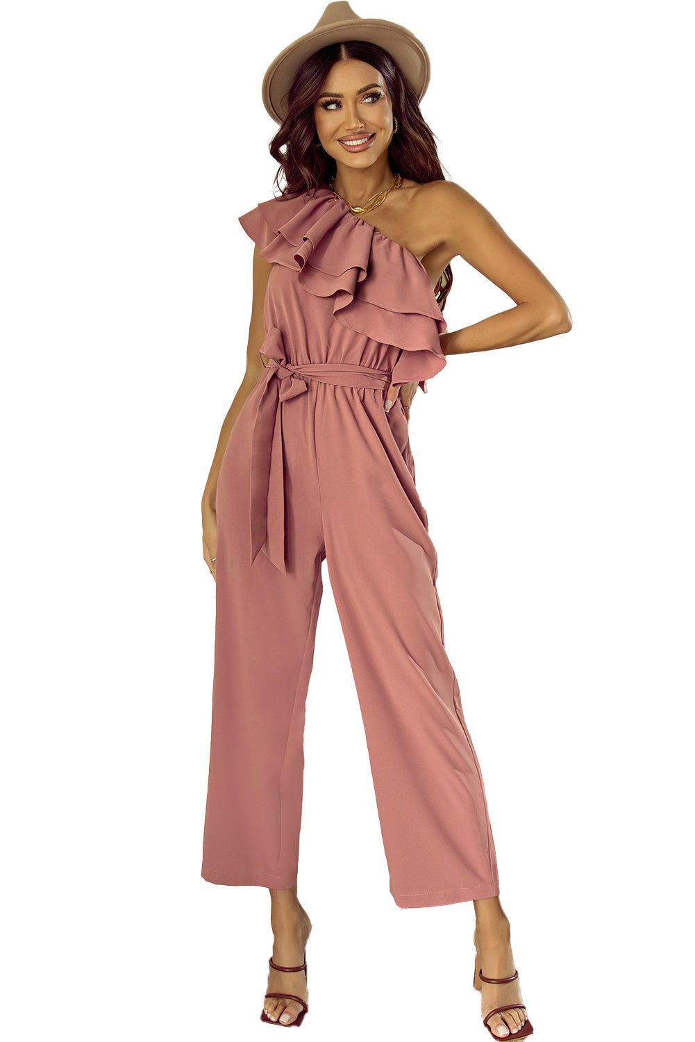 One Shoulder Ruffle Trim Belted Jumpsuit