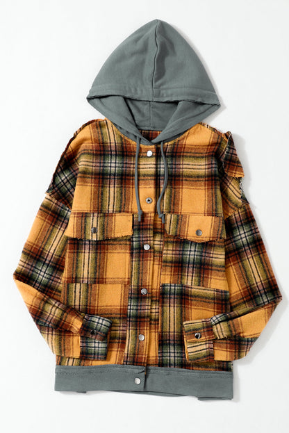 Plaid Hooded Frayed Snap Jacket