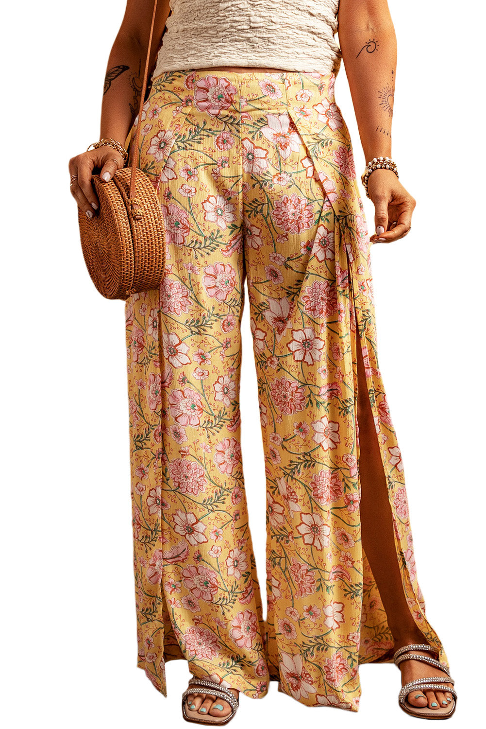 Floral Print High Slit Wide Leg Pants