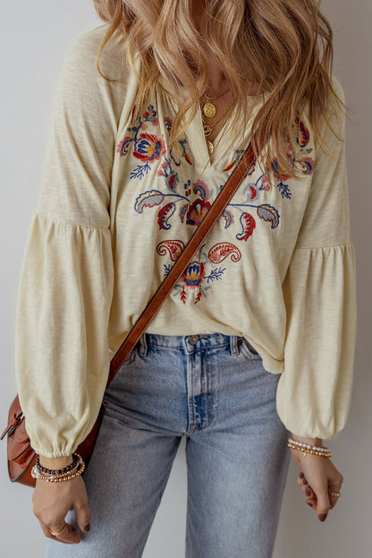 Paisley Embroidered Notch Blouse