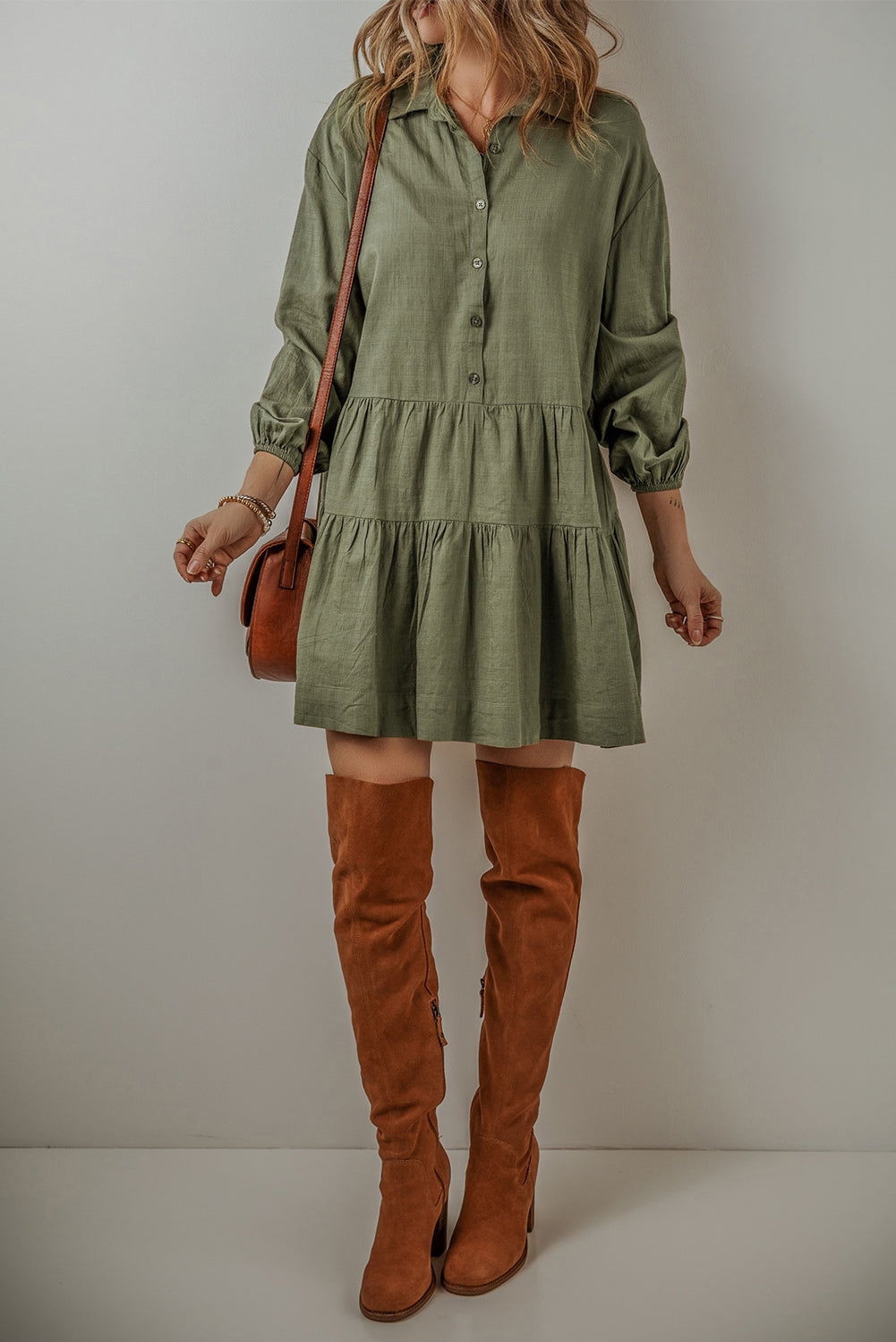 Tiered Pleated Shirt Mini Dress