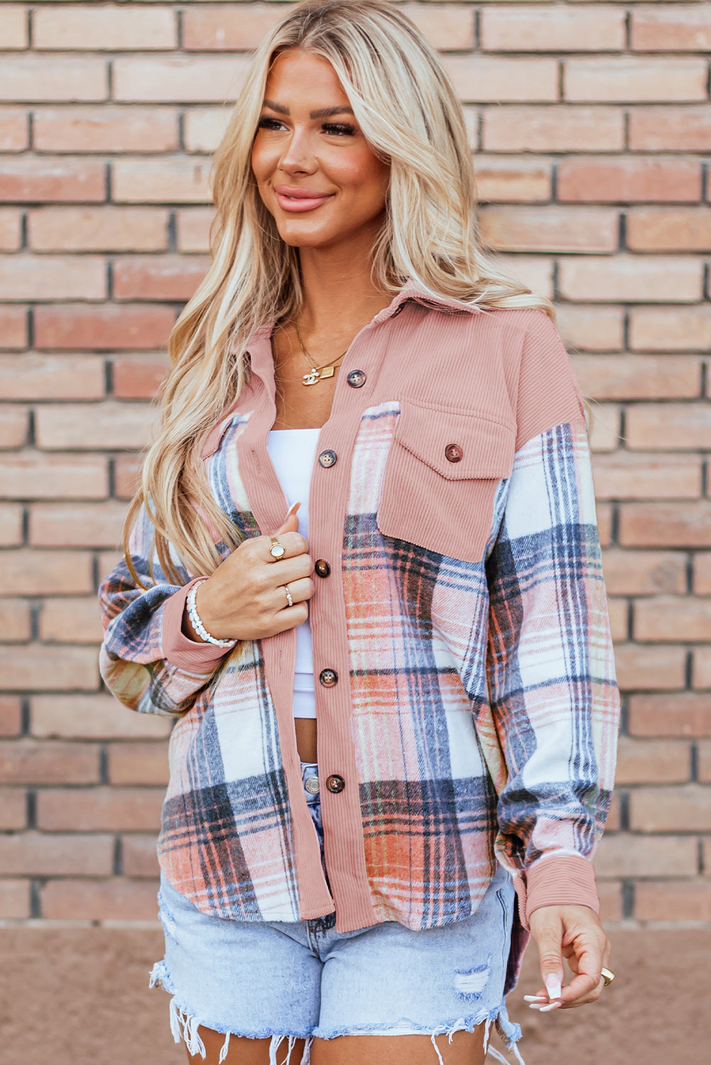 Plaid Corduroy Patchwork Chest Shacket