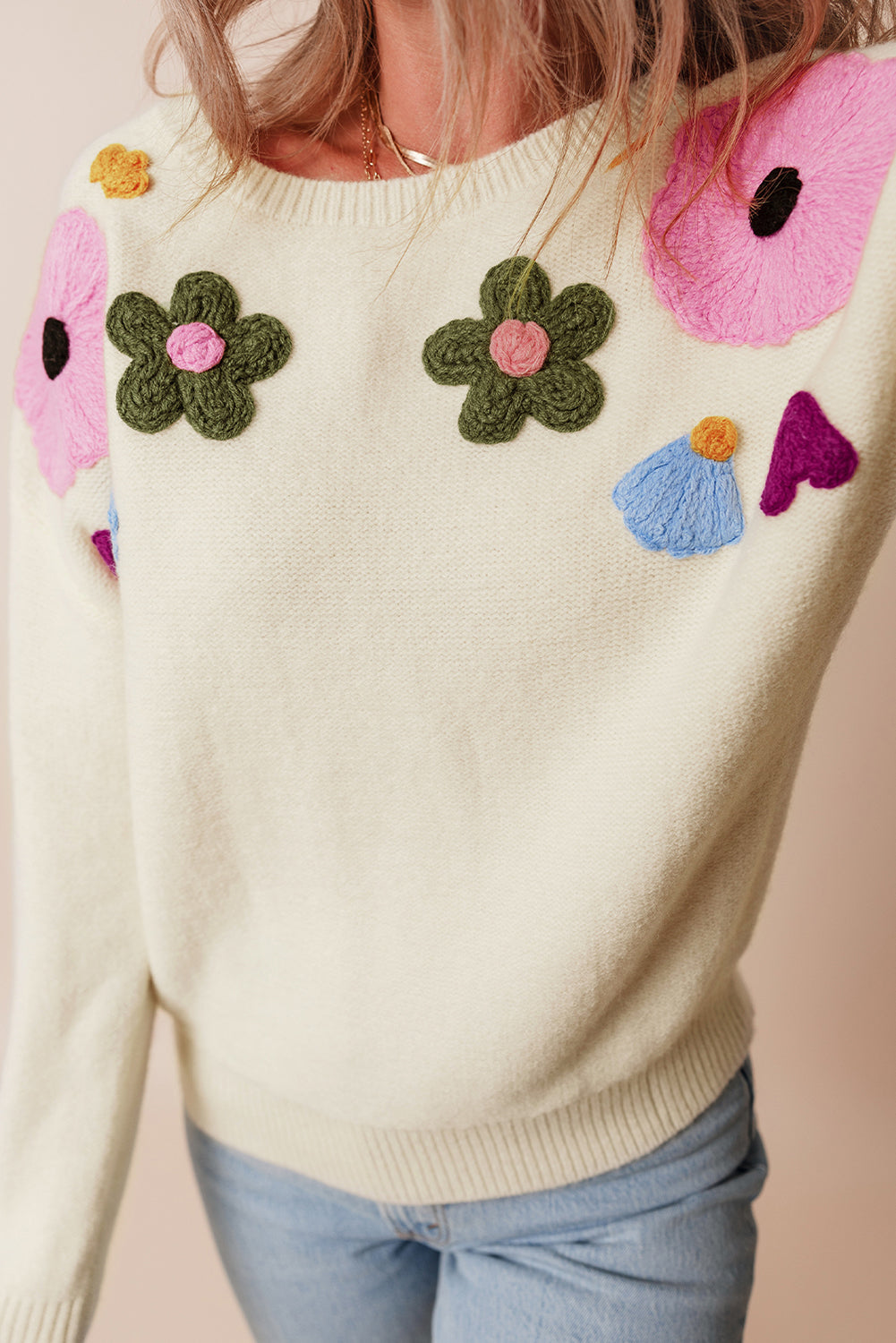 Knitted Flower Ribbed Edge Sweater