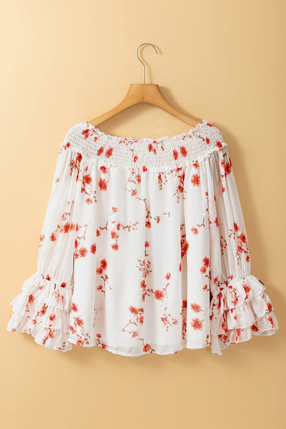 Shirred Off Shoulder Ruffled Blouse