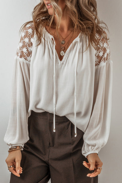 Floral Lace Puff Sleeve Tied Blouse