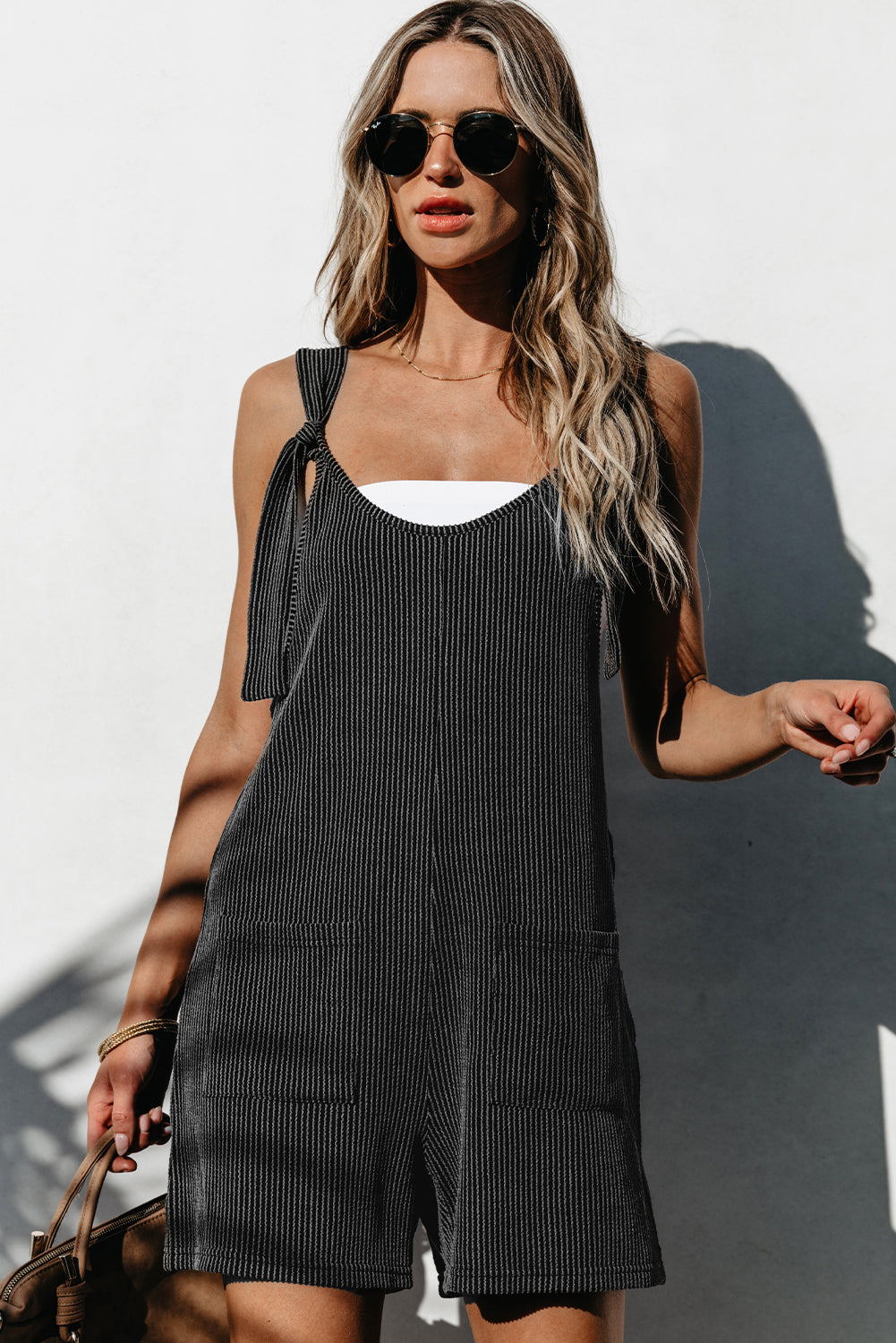 Striped Knotted Straps Pocketed Romper