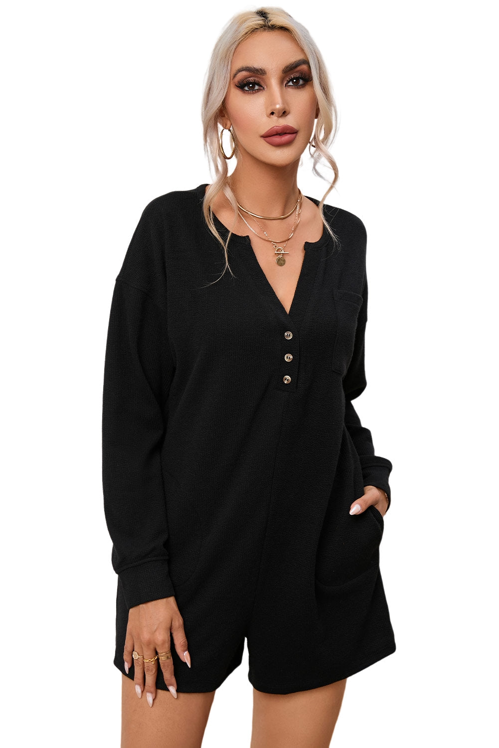 Black Brushed Ribbed Button Split Romper