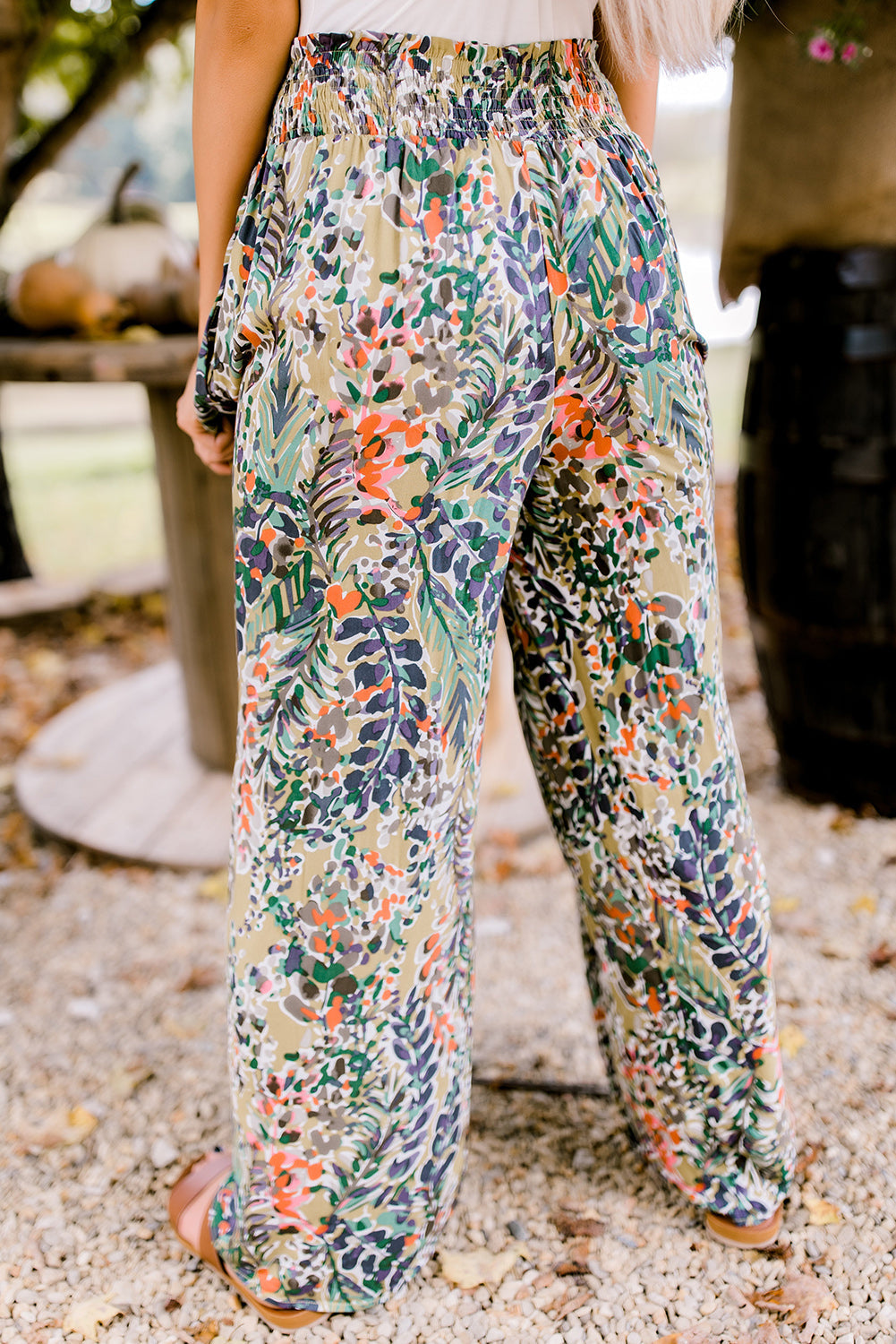 Floral Print Shirred High Waist Wide Leg Casual Pants