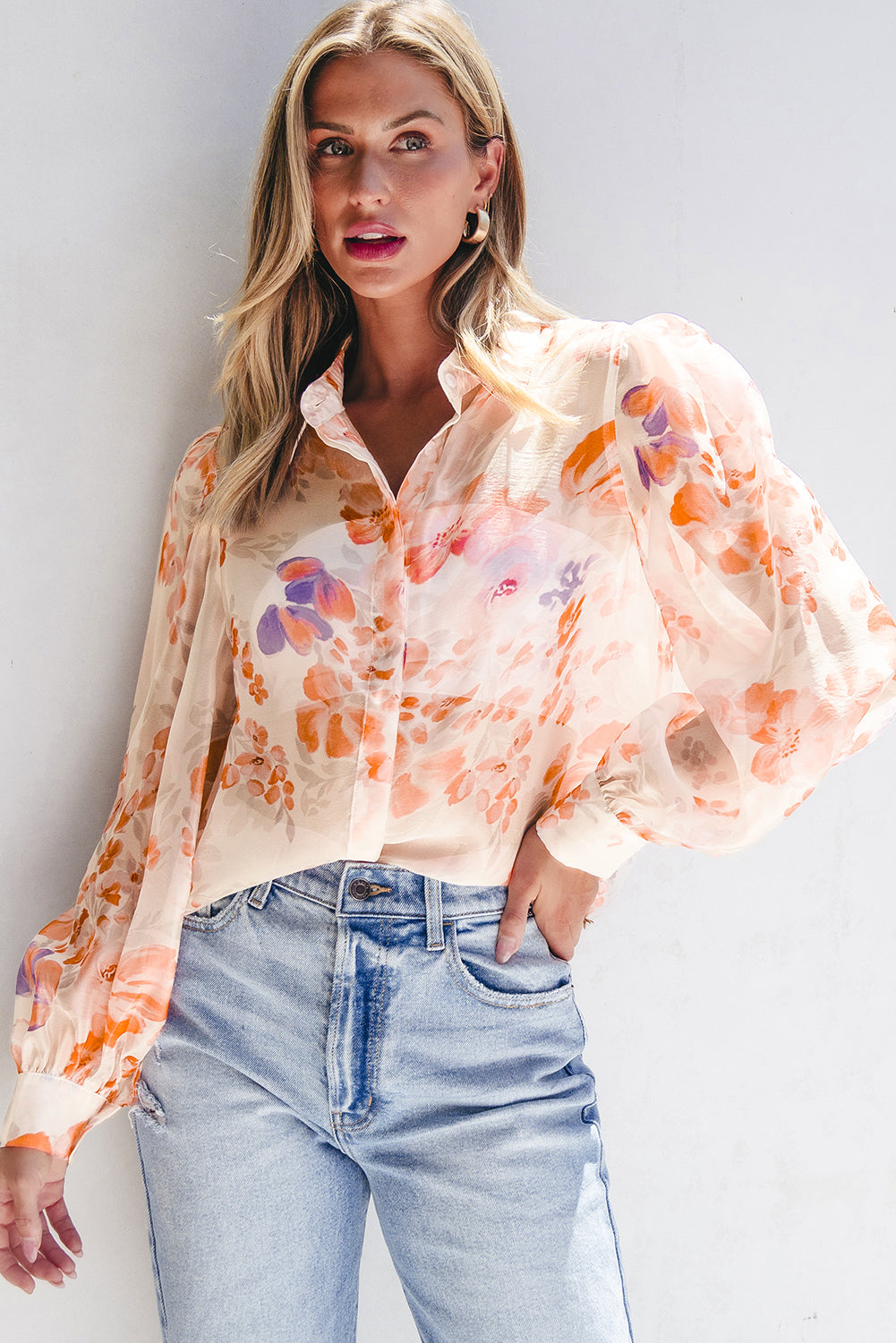 Floral Print Collared Balloon Shirt