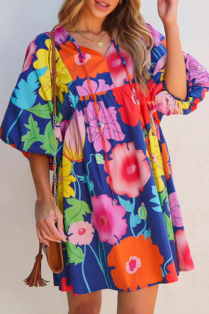 Floral Print Split Neck Babydoll Dress