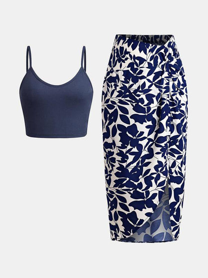 Women's Crop Cami Top &amp; Ditsy Floral Print Asymmetrical Twist Skirt Set