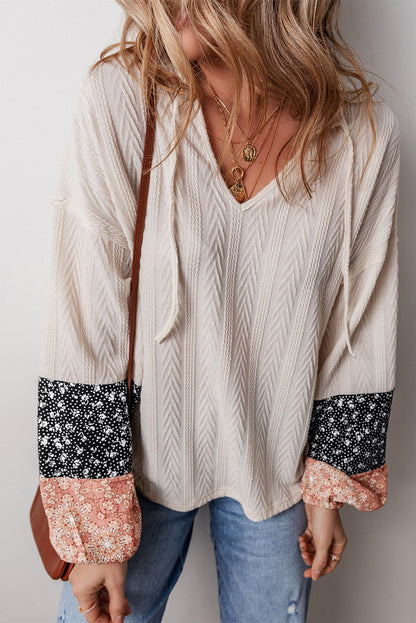 Floral Textured Knit Drawstring Blouse