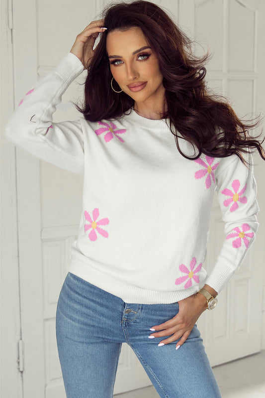 Flower Ribbed Edge Elegant Sweater