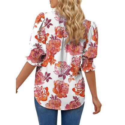Casual Puff Ruffle V Neck Blouses