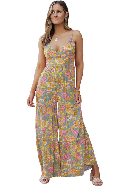 Straps Floral Tiered Wide Leg Jumpsuit