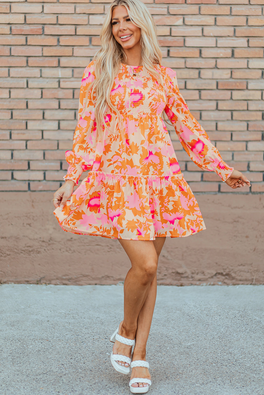 Smocked Lantern Sleeve Ruffle Mini Dress