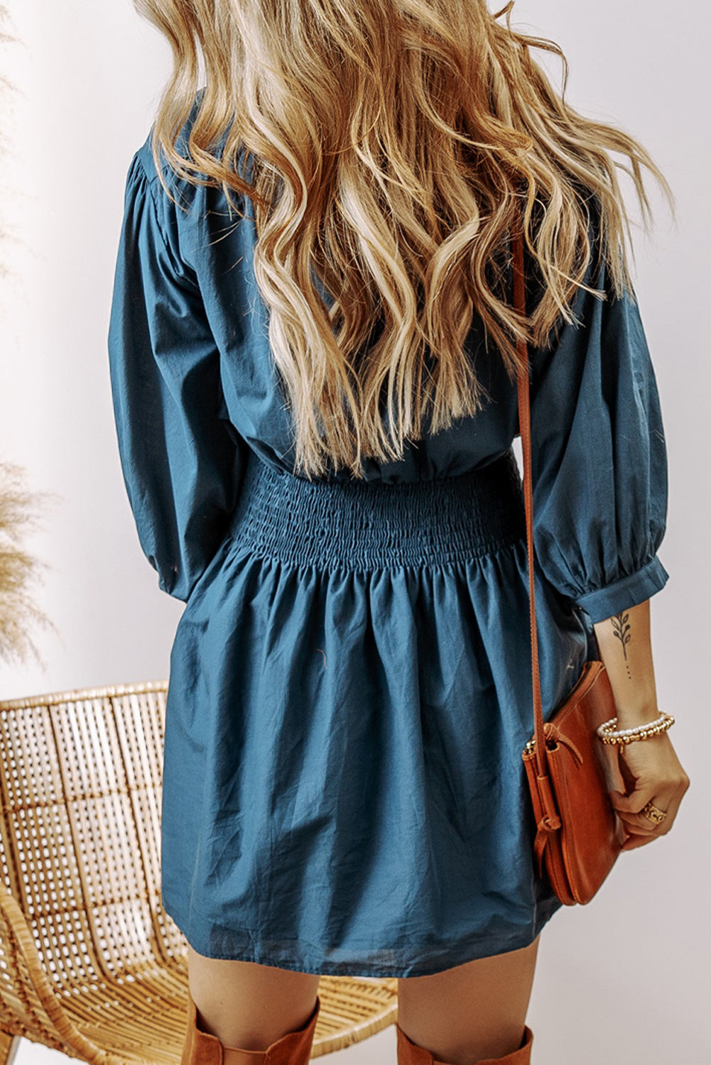 3/4 Sleeve Shirred High Waist Mini Dress