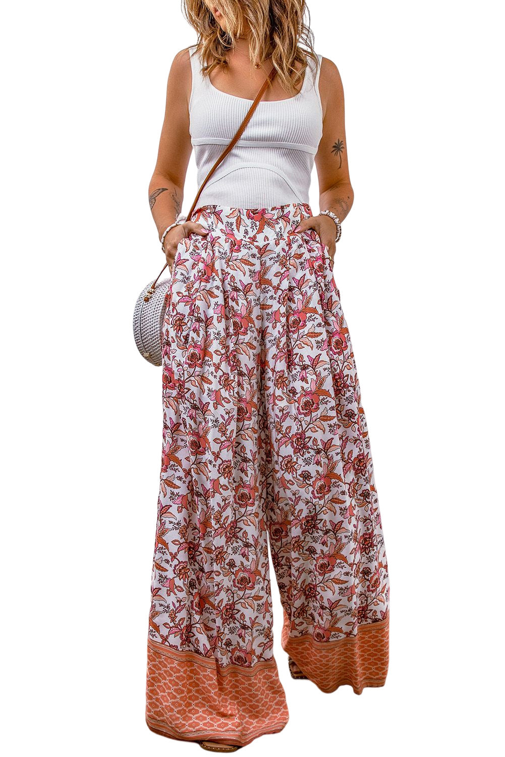 Floral Shirred High Waist Wide Leg Pants