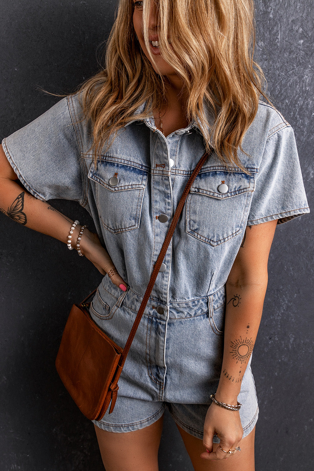 Washed Buttons Denim Romper