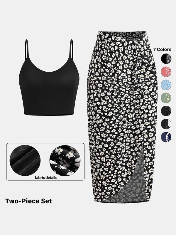 Women's Crop Cami Top &amp; Ditsy Floral Print Asymmetrical Twist Skirt Set