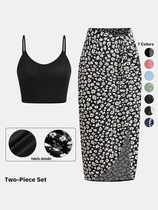 Women's Crop Cami Top &amp; Ditsy Floral Print Asymmetrical Twist Skirt Set