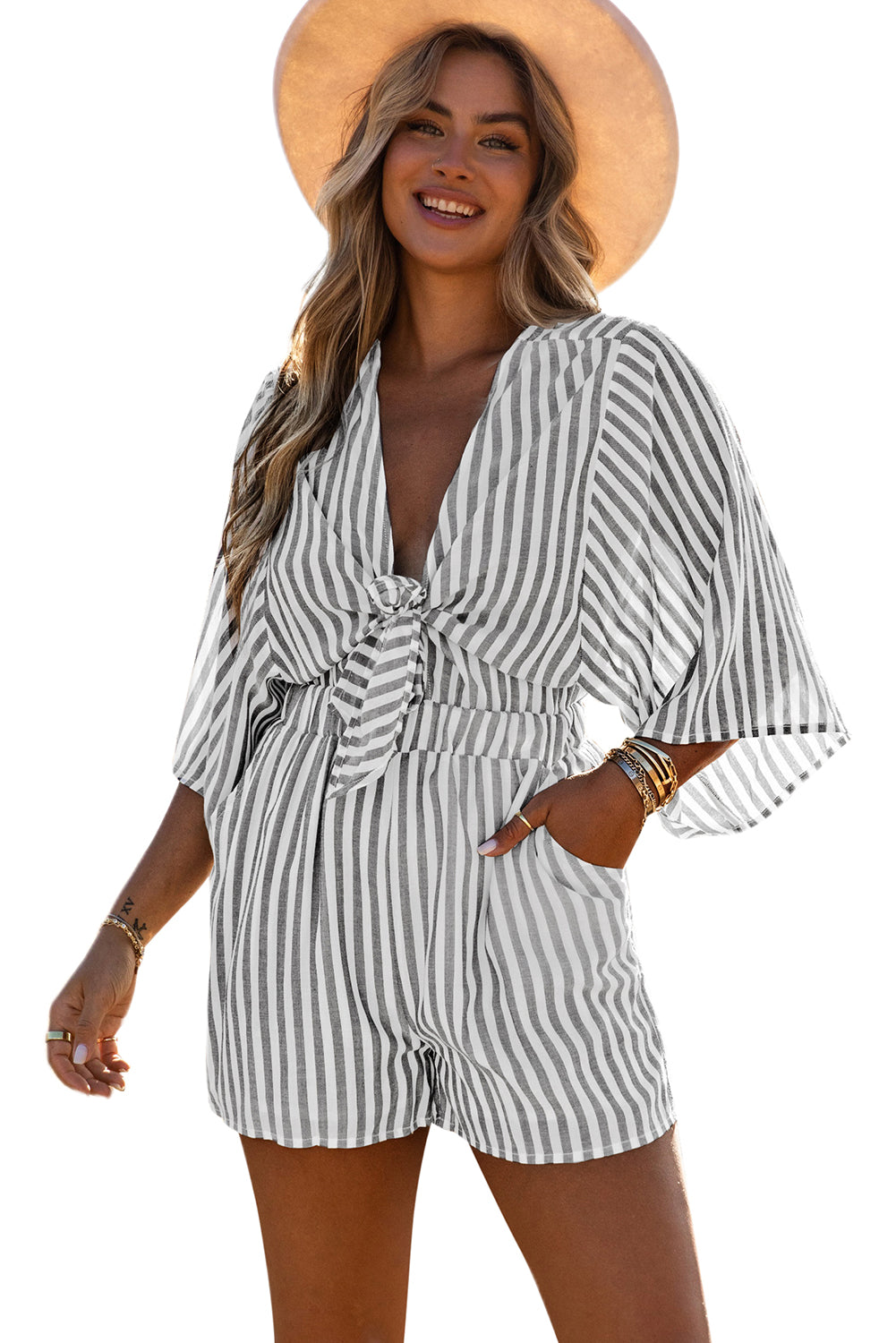 Kimono Sleeves Tie Front Striped Romper