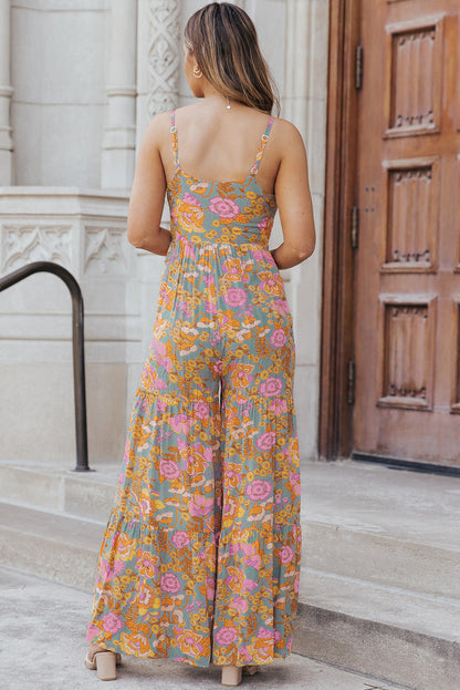 Straps Floral Tiered Wide Leg Jumpsuit