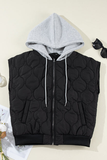 Quilted Drawstring Hooded Zip Up Puffer Vest