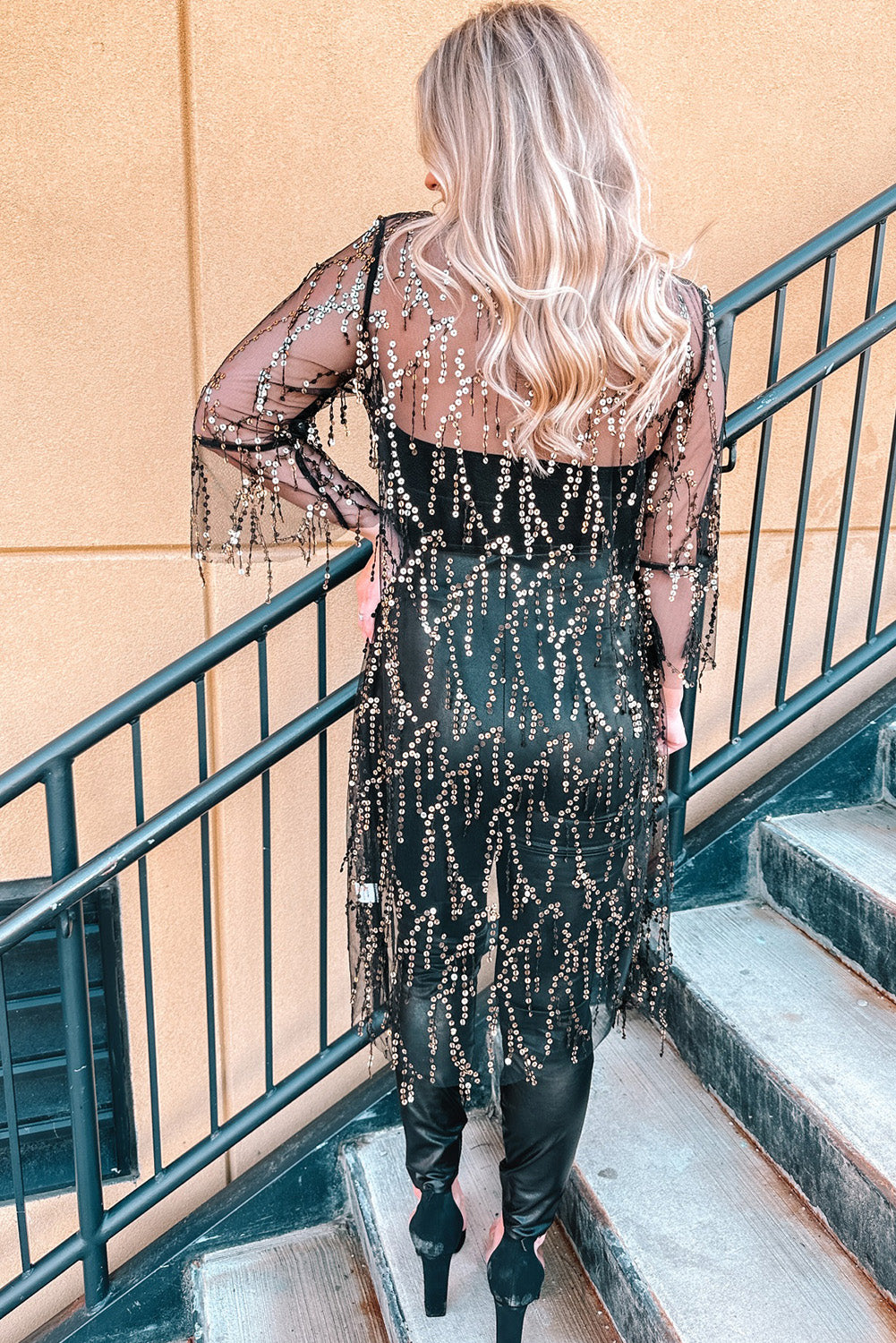 Sequin Sheer Long Sleeve Open Front Kimono