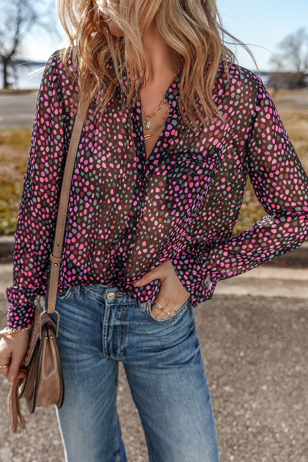 Polka Dot Buttoned Casual Shirt