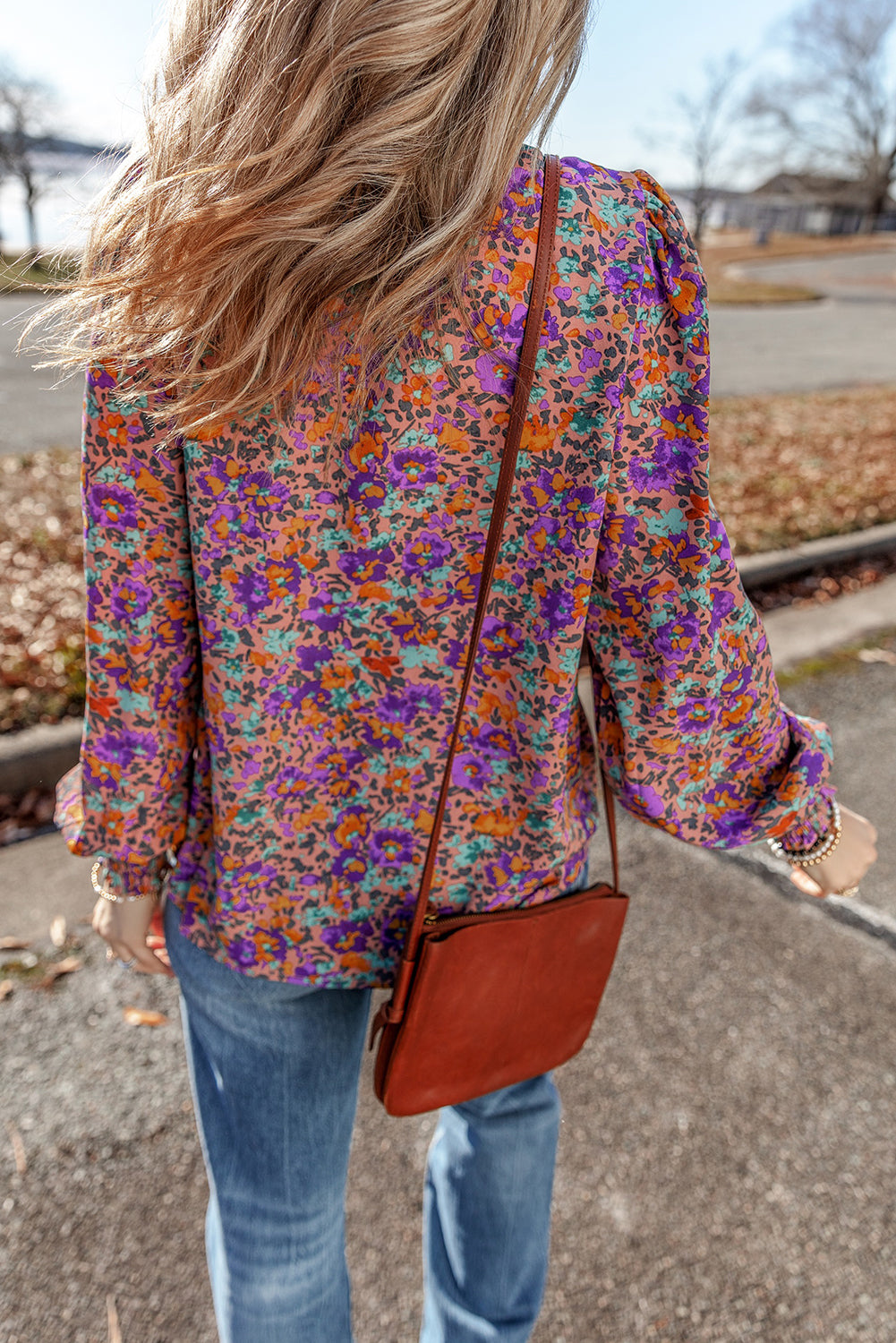 Floral Shirred Cuff Frilled O Neck Blouse