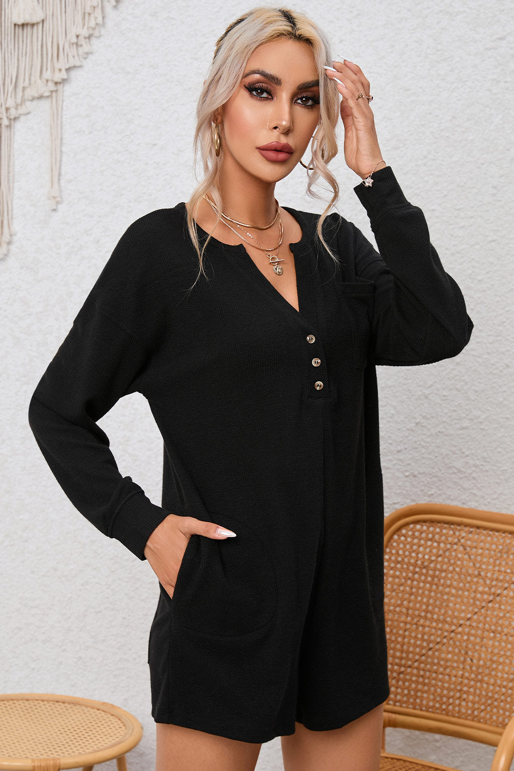 Black Brushed Ribbed Button Split Romper