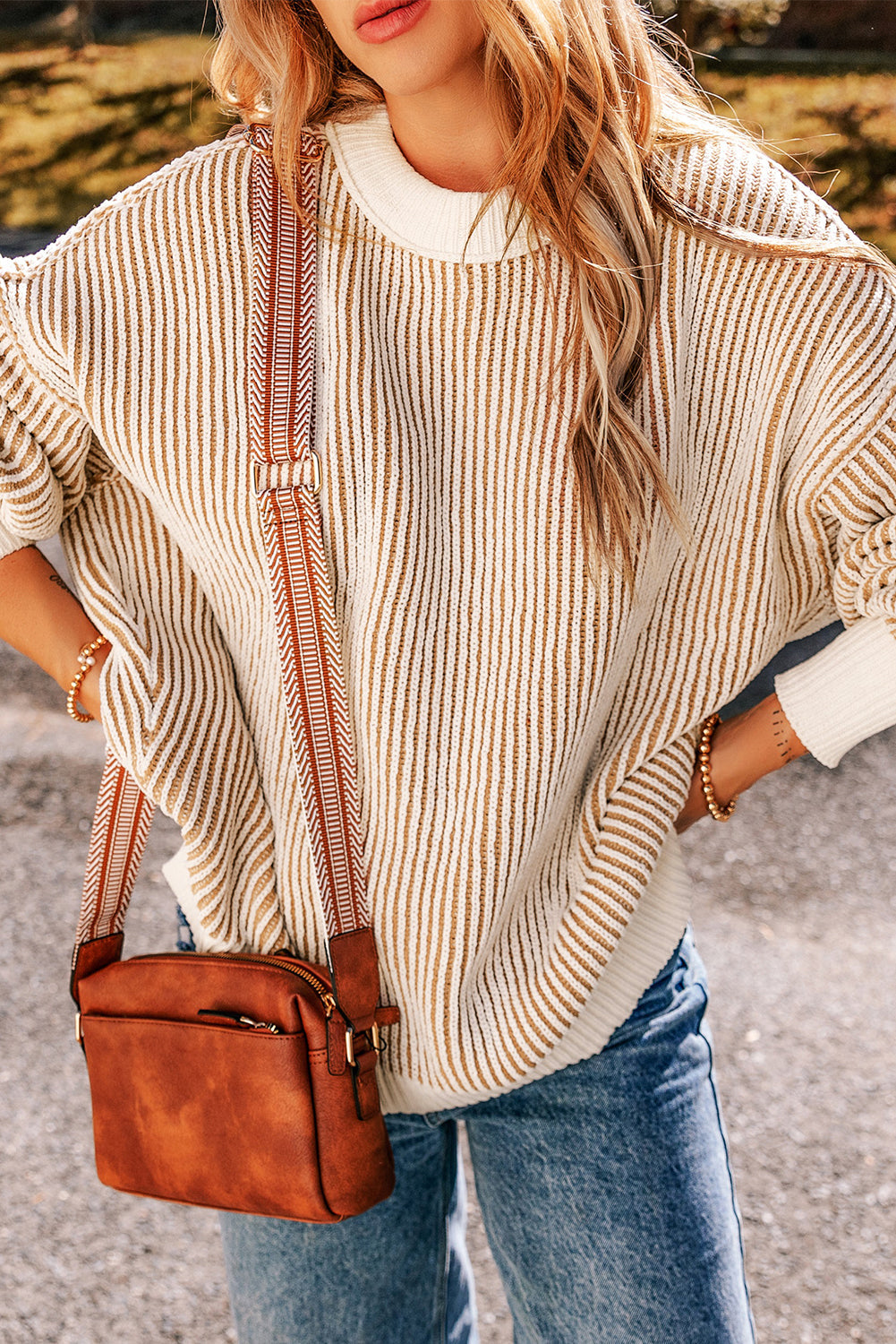 Textured Knit Contrast Edge Loose Sweater